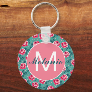 Pretty Pink Roses and Dots on Teal Personalised Key Ring
