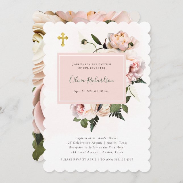 Pretty Pink Roses and Ferns with Gold | Baptism Invitation (Front/Back)