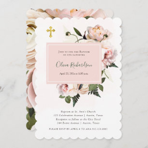 Pretty Pink Roses and Ferns with Gold   Baptism Invitation