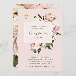 Pretty Pink Roses and Ferns with Gold   Baptism Invitation