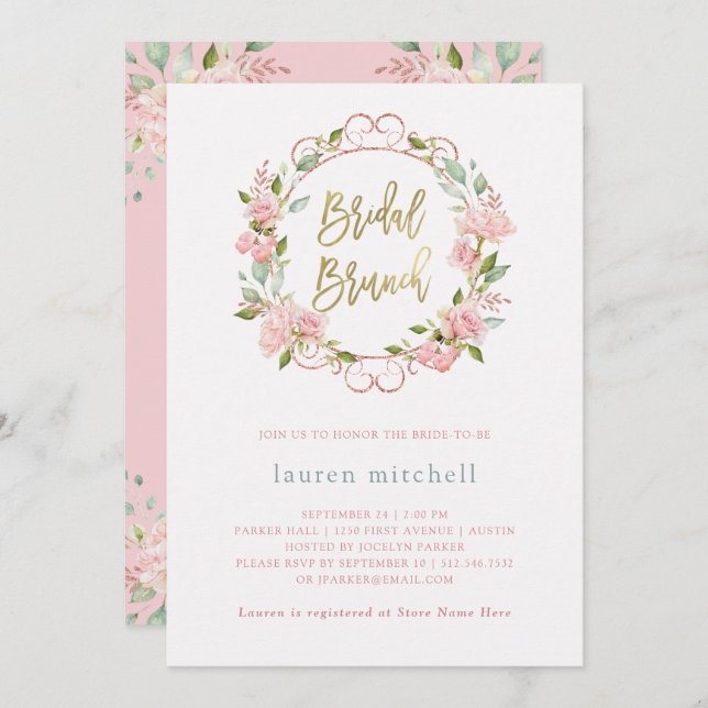 Pretty Pink Roses and Gold Script | Bridal Brunch Invitation (Front/Back)