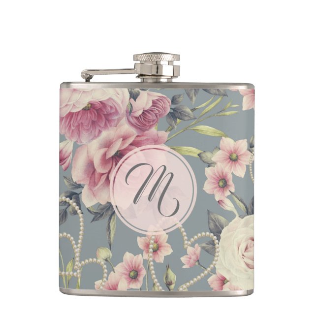 Pretty Pink Roses and Pearl Hearts Monogram Hip Flask (Front)