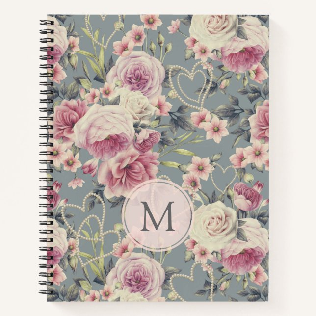 Pretty Pink Roses and Pearl Hearts Monogram Notebook (Front)