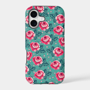 Pretty Pink Roses and Polka Dot Pattern on Teal