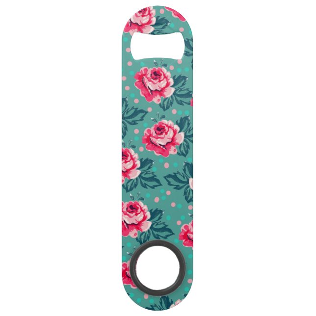 Pretty Pink Roses and Polka Dot Pattern on Teal (Front)