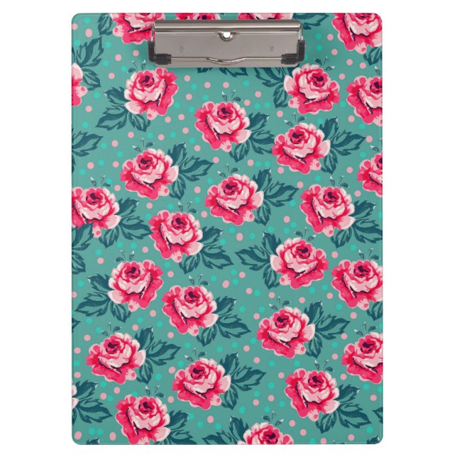 Pretty Pink Roses and Polka Dot Pattern on Teal Clipboard (Front)