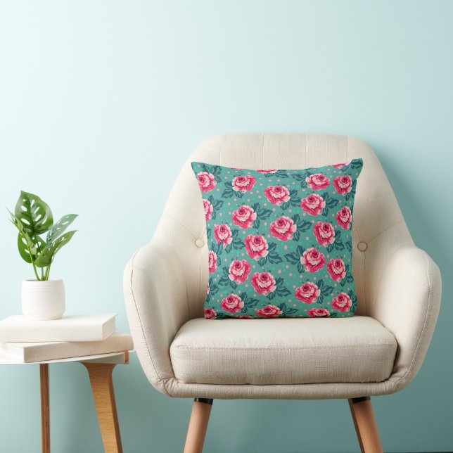 Pretty Pink Roses and Polka Dot Pattern on Teal Cushion (Chair)