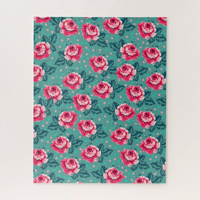 Pretty Pink Roses and Polka Dot Pattern on Teal Jigsaw Puzzle (Vertical)