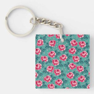 Pretty Pink Roses and Polka Dot Pattern on Teal Key Ring