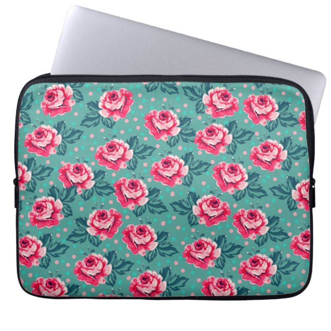 Pretty Pink Roses and Polka Dot Pattern on Teal Laptop Sleeve (Front)