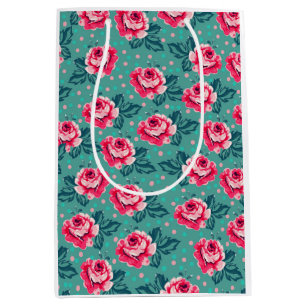 Pretty Pink Roses and Polka Dot Pattern on Teal Medium Gift Bag