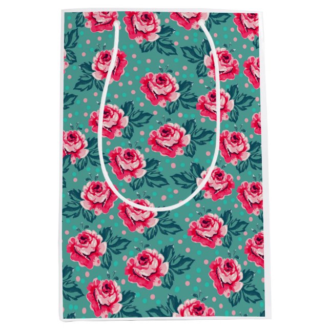 Pretty Pink Roses and Polka Dot Pattern on Teal Medium Gift Bag (Front)