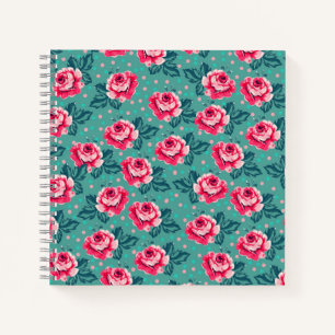 Pretty Pink Roses and Polka Dot Pattern on Teal Notebook