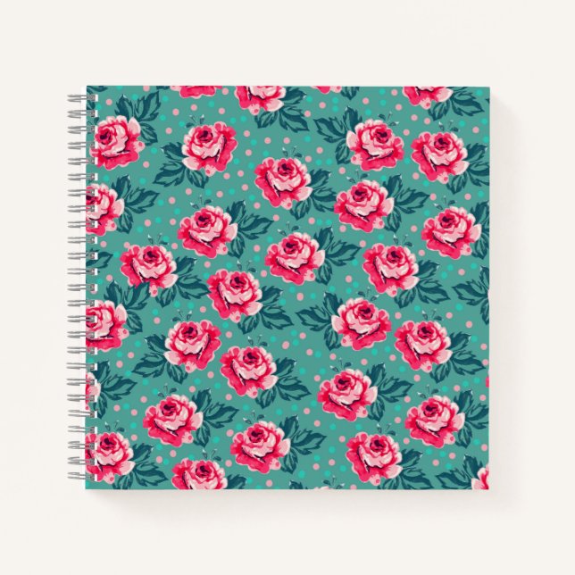 Pretty Pink Roses and Polka Dot Pattern on Teal Notebook (Front)