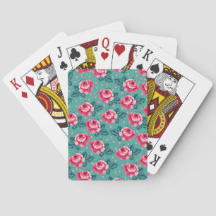 Pretty Pink Roses and Polka Dot Pattern on Teal Playing Cards