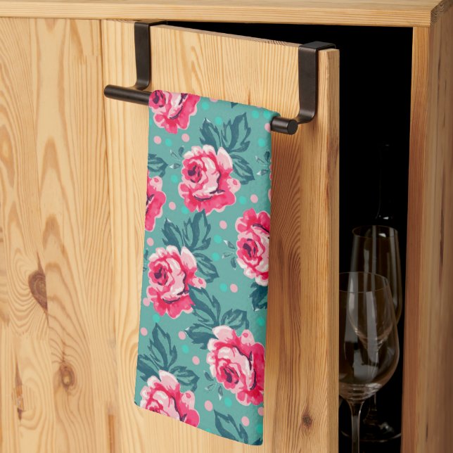 Pretty Pink Roses and Polka Dot Pattern on Teal Tea Towel (Thirds Fold)
