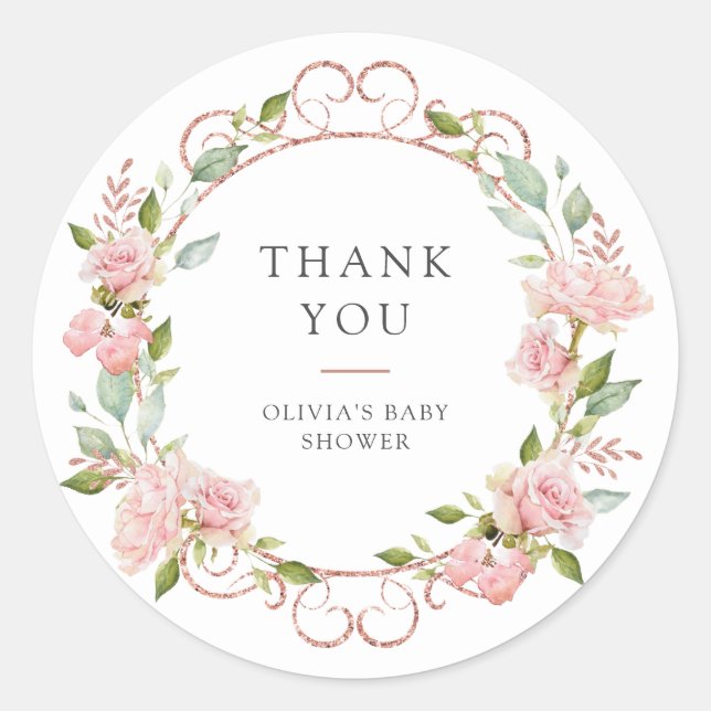 Pretty Pink Roses Baby Shower or Baptism Thank You Classic Round Sticker (Front)