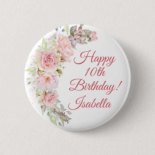Pretty Pink Roses Birthday Button (Front)