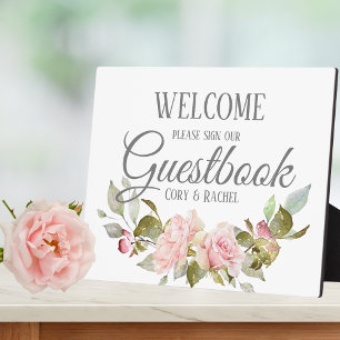 Pretty Pink Roses Bouquet Guestbook Tabletop Plaque