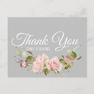 Pretty Pink Roses Bouquet on Grey Thank You Postcard