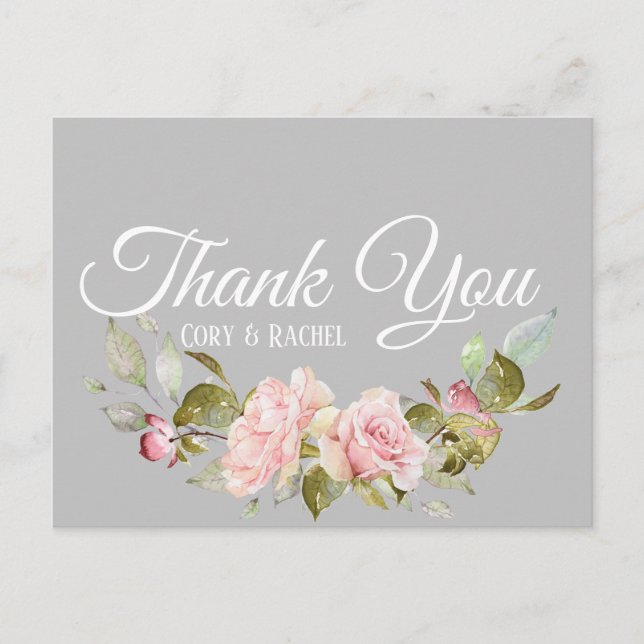 Pretty Pink Roses Bouquet on Grey Thank You Postcard (Front)