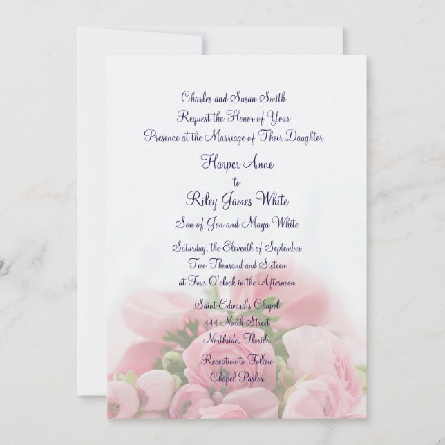 Pretty Pink Roses Bouquet Wedding Invitation (Front)