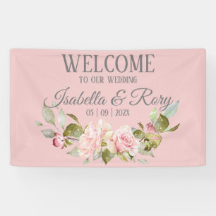 Pretty Pink Roses Bouquet Wedding Welcome Banner