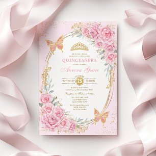 Pretty Pink Roses Butterflies Quinceañera Invitation