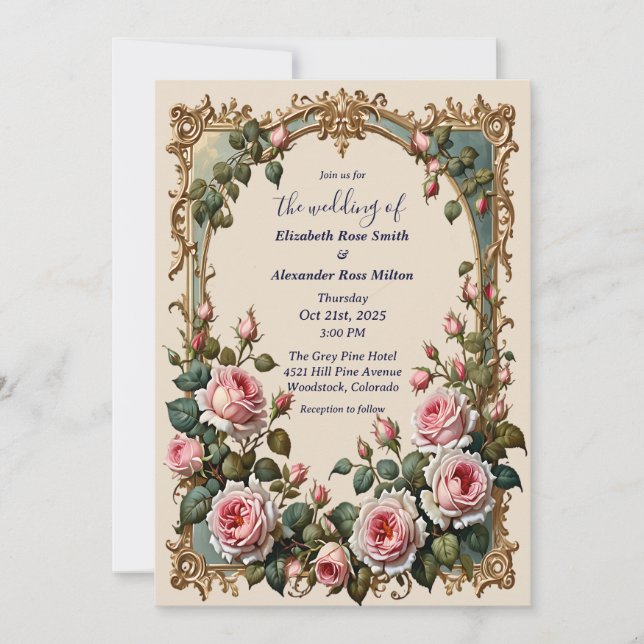Pretty pink roses elegant art frame wedding  invitation (Front)