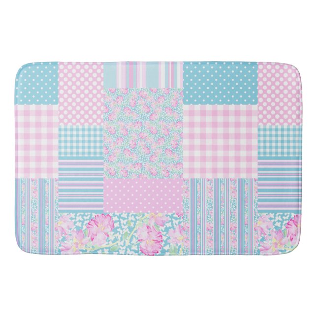 Pretty Pink Roses Faux Patchwork Bath Mat (Front)