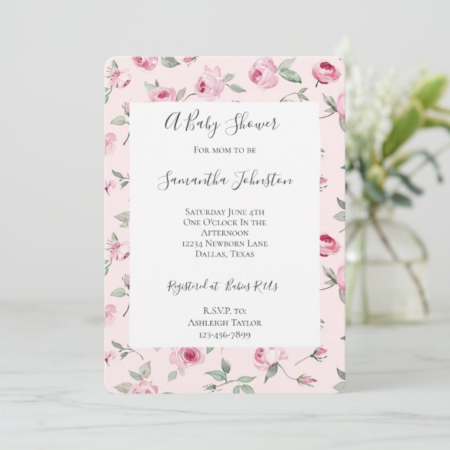 Pretty Pink Roses Floral Baby Shower Invitation (Standing Front)