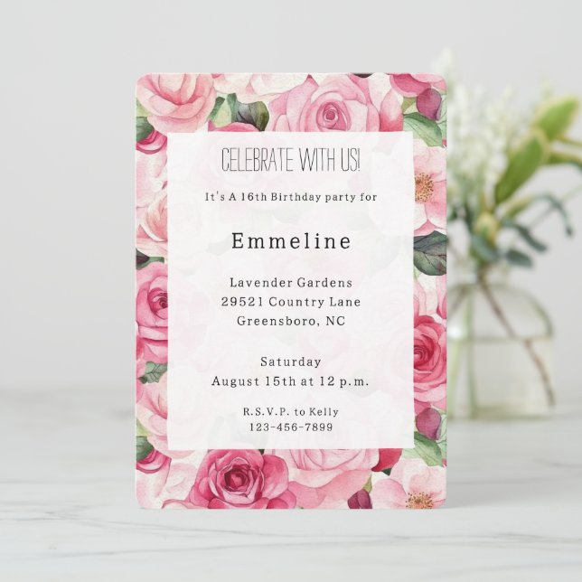 Pretty Pink Roses Floral Birthday Invitation (Standing Front)
