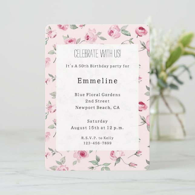 Pretty Pink Roses Floral Birthday Invitation (Standing Front)