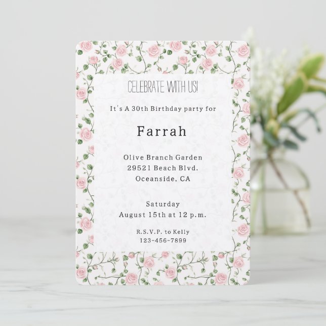 Pretty Pink Roses Floral Birthday   Invitation (Standing Front)