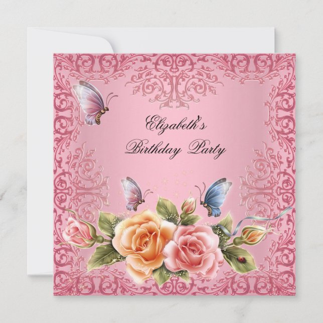 Pretty Pink Roses Floral Birthday Party Invitation (Front)