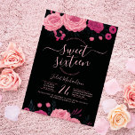 Pretty Pink Roses Floral Black Sweet 16 Invitation<br><div class="desc">This elegant and girly sweet sixteen birthday party invitation is perfect for any season; spring, summer, fall, and winter. The design includes roses and leaves on top and bottom of the invite with unique and delicate typography. The colour scheme includes blush pink, neon pink, and black. It's beautiful, pretty, modern,...</div>