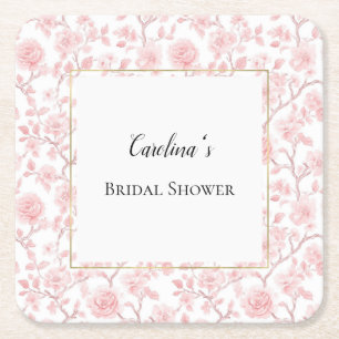 Pretty Pink Roses Floral Bridal Shower   Square Paper Coaster