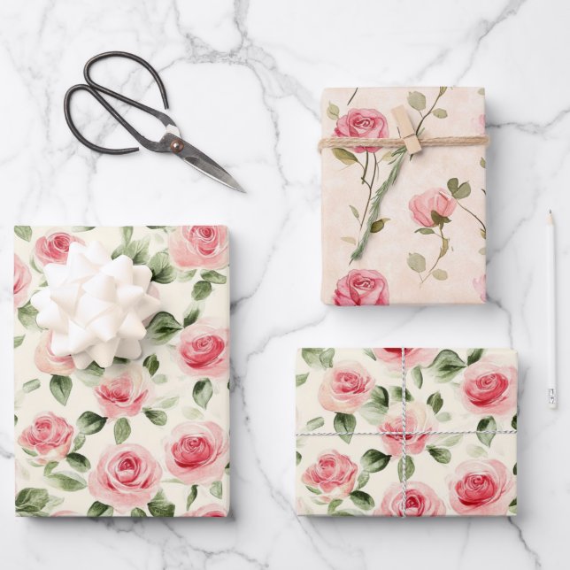 Pretty Pink Roses Floral Bridal Shower Wrapping Paper Sheet (Front)