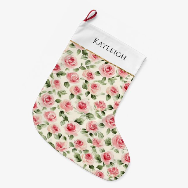 Pretty Pink Roses Floral Christmas Gold Glitter Large Christmas Stocking (Front (Hanging))