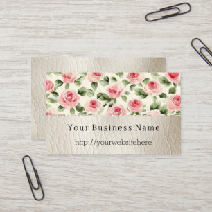 Pretty Pink Roses Floral Cream Faux Leather Business Card