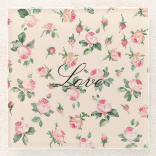 Pretty Pink Roses Floral Glass Coaster