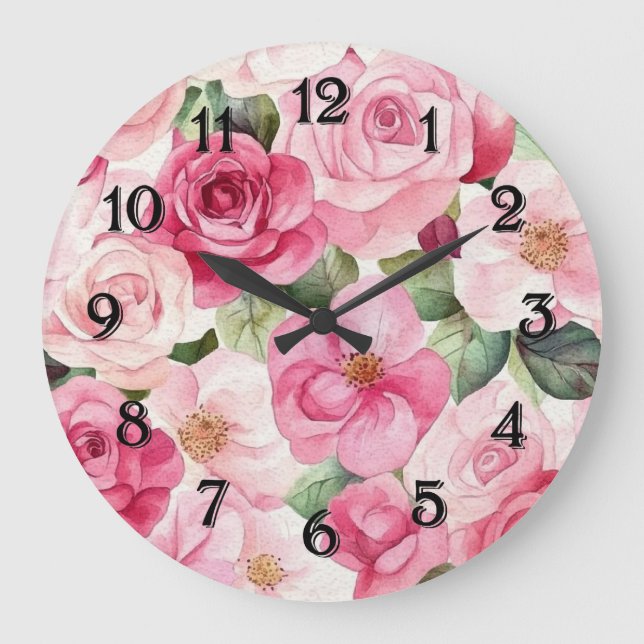 Pretty Pink Roses Floral Large Clock (Front)