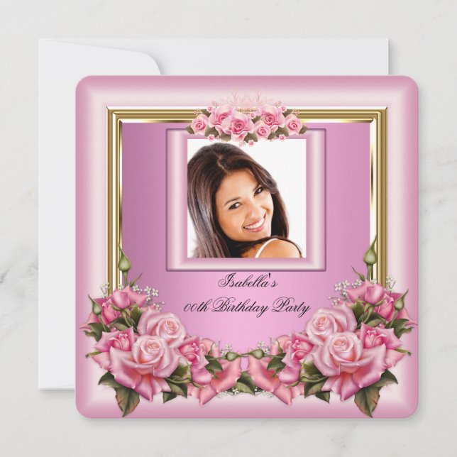 Pretty Pink Roses Floral Photo Birthday Party Invitation (Front)