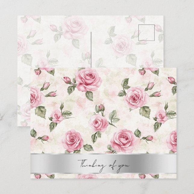 Pretty Pink Roses Floral Thinking of you Postcard (Front/Back)