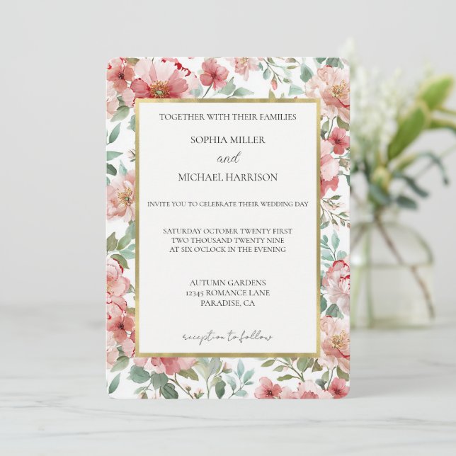 Pretty Pink Roses Floral Wedding Invitation (Standing Front)