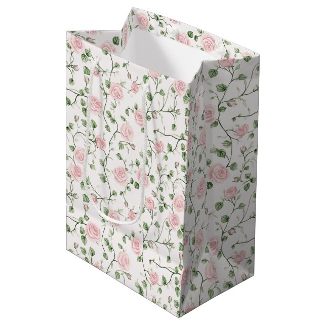 Pretty Pink Roses Floral Wedding Medium Gift Bag (Front Angled)