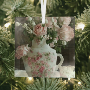 Pretty Pink Roses in Vintage Antique China Teapot Glass Tree Decoration