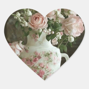 Pretty Pink Roses in Vintage Antique China Teapot Heart Sticker