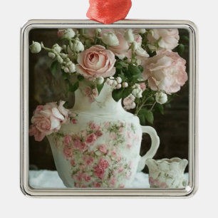 Pretty Pink Roses in Vintage Antique China Teapot Metal Tree Decoration