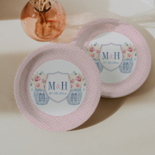 Pretty Pink Roses Monogram Bridal Shower Party Paper Plate
